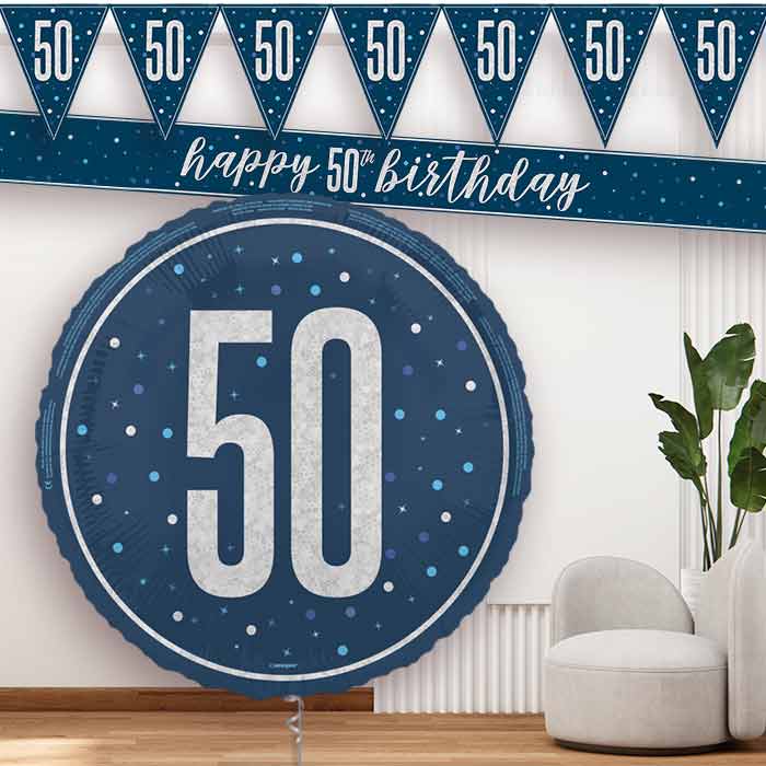 Navy Blue and Silver 50th Banners and Balloon - Party Save Smile