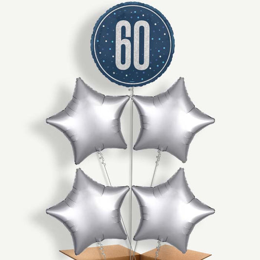 Navy Blue & Silver 60th Birthday Helium Cluster Balloons | Party Save Smile