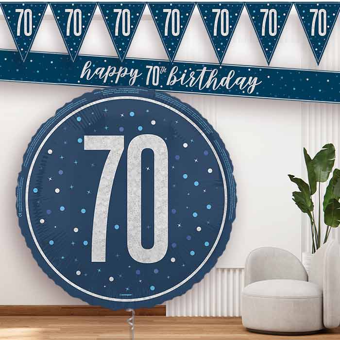 Navy Blue and Silver 70th Banners and Balloon