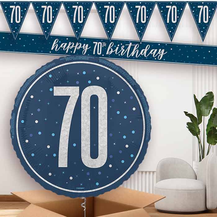 Navy Blue and Silver 70th Banners and Balloon | Party Save Smile