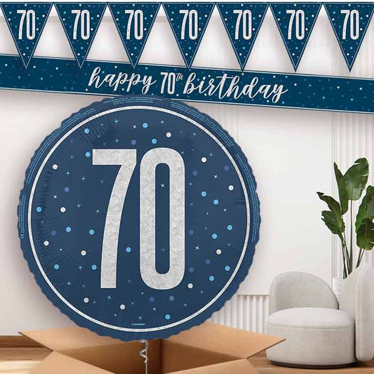 Navy Blue and Silver 70th Banners and Balloon | Party Save Smile