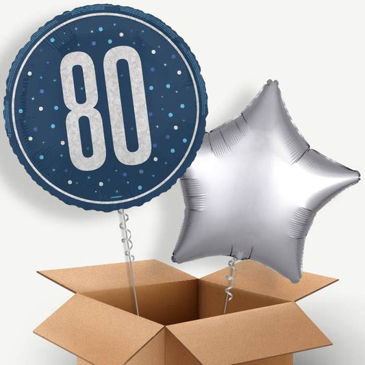 Navy Blue and Silver 80th Birthday Helium Balloon Pair | Party Save Smile