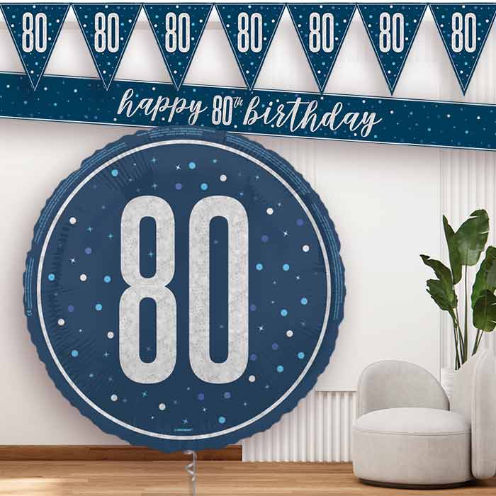Navy Blue and Silver 80th Birthday Balloon and Banners