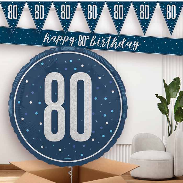 Navy Blue and Silver 80th Birthday Balloon and Banners | Party Save Smile