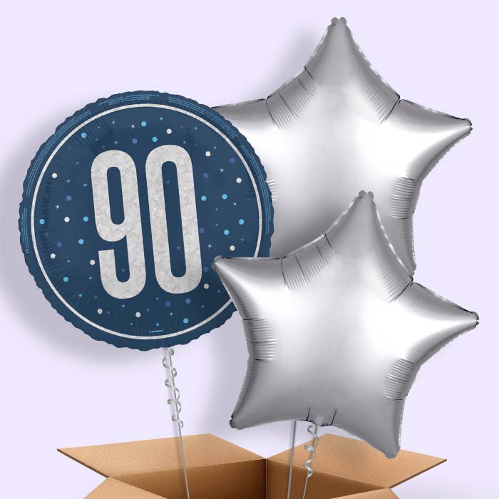 Navy Blue and Silver 90th Birthday Helium Balloon in a Box - 3 Balloon | Party Save Smile