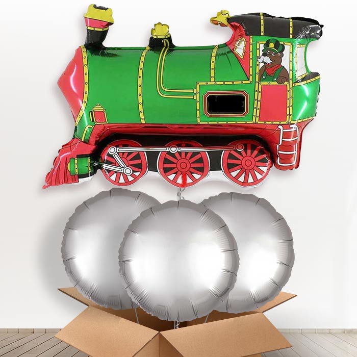 Giant Green Train Helium Balloon in a Box - With 3 Plain Balloons | Party Save Smile