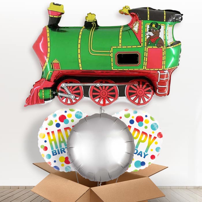 Giant Green Train Helium Balloon in a Box-1 x Giant Balloon and 2 Themed Balloons and 1 Plain Balloon 