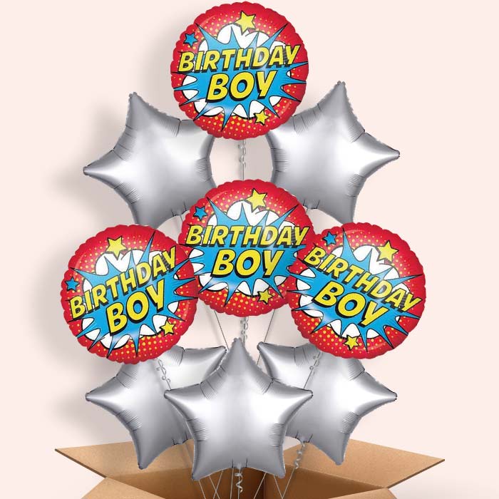 Superhero Inspired Birthday Boy Helium Balloon in a Box - 9 Balloons | Party Save Smile