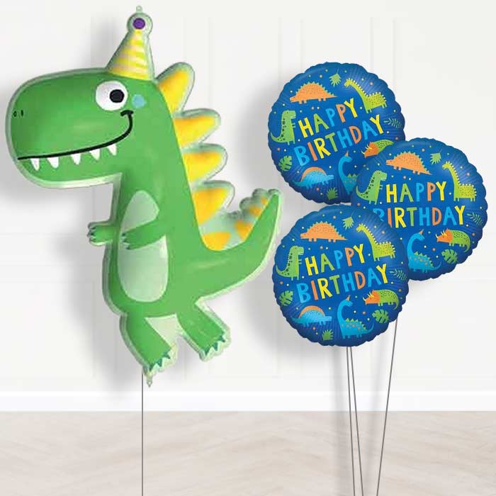 Dinosaur Shaped Balloon Bouquet Delivery (Party Hat) - 1 x Giant Balloon with Themed Bouquet | Party Save Smile