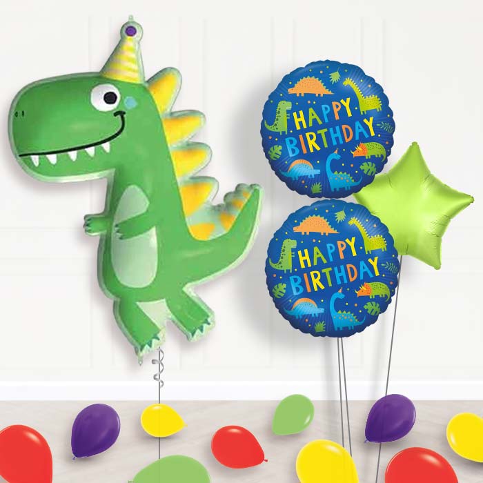 Dinosaur Shaped Balloon Bouquet Delivery (Party Hat)-Giant Balloon + 2 Themed Balloons + 1 Plain Balloon + Mini Balloons 
