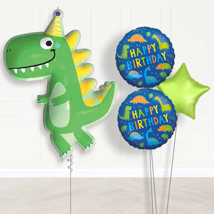 Dinosaur Shaped Balloon Bouquet Delivery (Party Hat)-Giant Balloon + 2 Themed Balloons + 1 Plain Balloon 