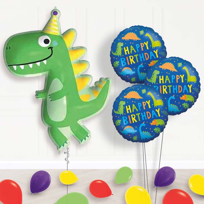 Dinosaur Shaped Balloon Bouquet Delivery (Party Hat) - 1 x Giant Balloon with Themed Bouquet and Latex | Party Save Smile