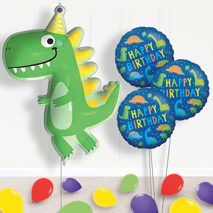 Dinosaur Shaped Balloon Bouquet Delivery (Party Hat) - 1 x Giant Balloon with Themed Bouquet and Latex | Party Save Smile