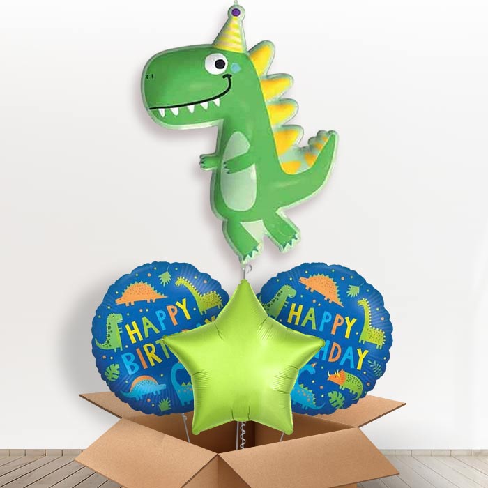 Dinosaur Shaped Balloon in a Box (Party Hat)-1 x Giant Balloon and 2 Themed Balloons and 1 Plain Balloon 
