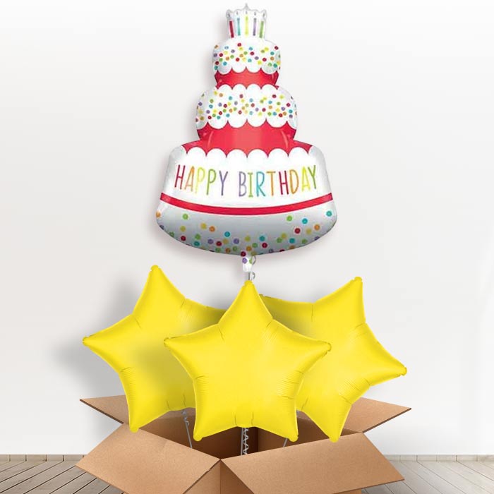 Colourful Happy Birthday Cake Shaped Balloon in a Box - with 3 Plain Balloons | Party Save Smile