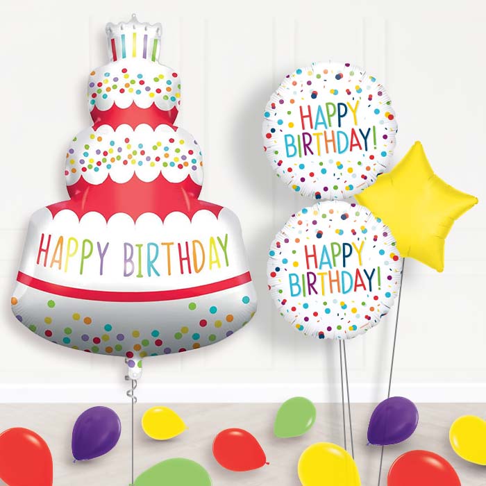 Colourful Happy Birthday Cake Shaped Balloon Bouquet-Giant Balloon + 2 Themed Balloons + 1 Plain Balloon + Mini Balloons 