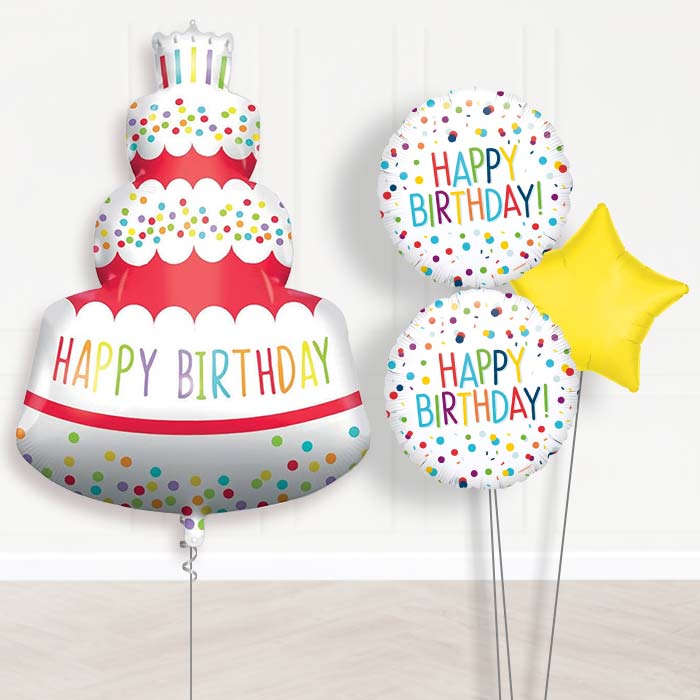 Colourful Happy Birthday Cake Shaped Balloon Bouquet Delivery-Giant Balloon + 2 Themed Balloons + 1 Plain Balloon 
