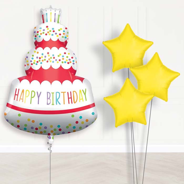 Colourful Happy Birthday Cake Shaped Balloon Bouquet Delivery - 1 x Giant Balloon with Plain Bouquet | Party Save Smile