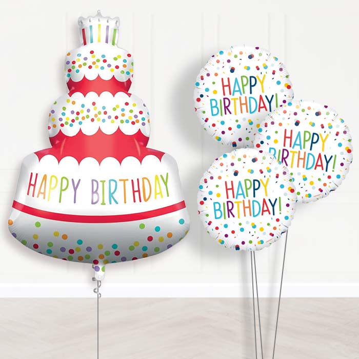 Colourful Happy Birthday Cake Shaped Balloon Bouquet Delivery - 1 x Giant Balloon with Themed Bouquet