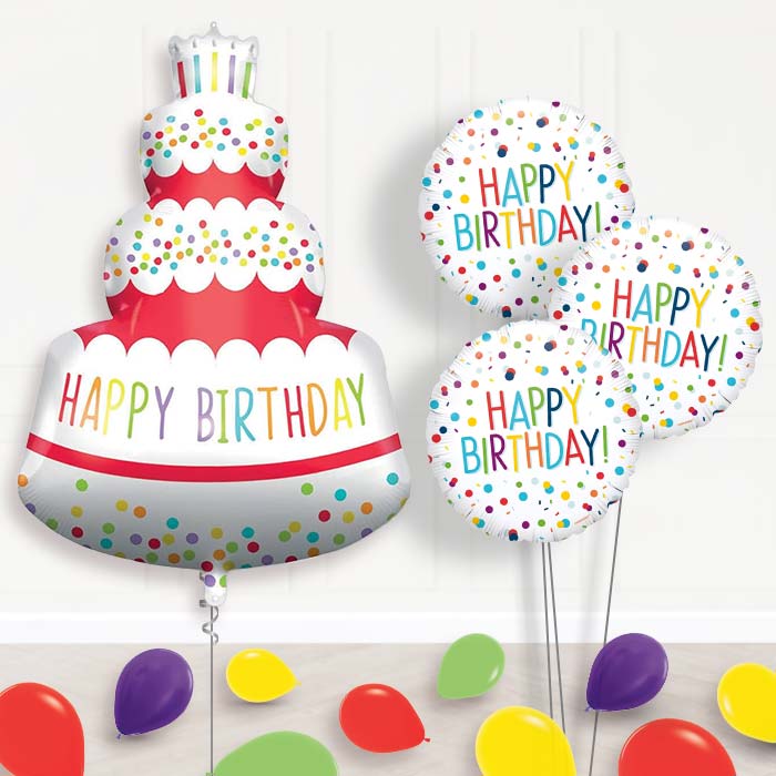 Colourful Happy Birthday Cake Shaped Balloon Bouquet Delivery - 1 x Giant Balloon with Themed Bouquet and Latex | Party Save Smile