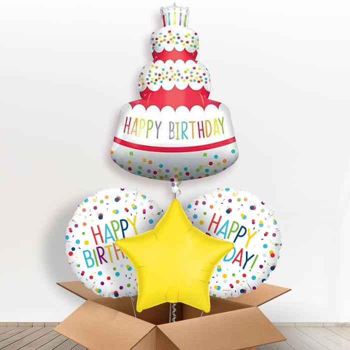 Colourful Happy Birthday Cake Shaped Balloon in a Box-1 x Giant Balloon and 2 Themed Balloons and 1 Plain Balloon 