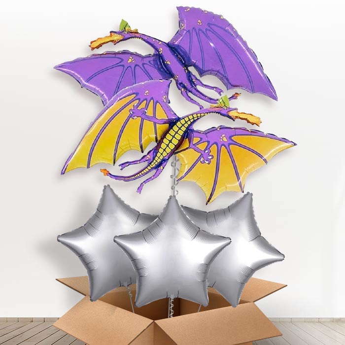 Purple Dragon Helium Balloon in a Box Gift - With 3 Plain Balloons | Party Save Smile