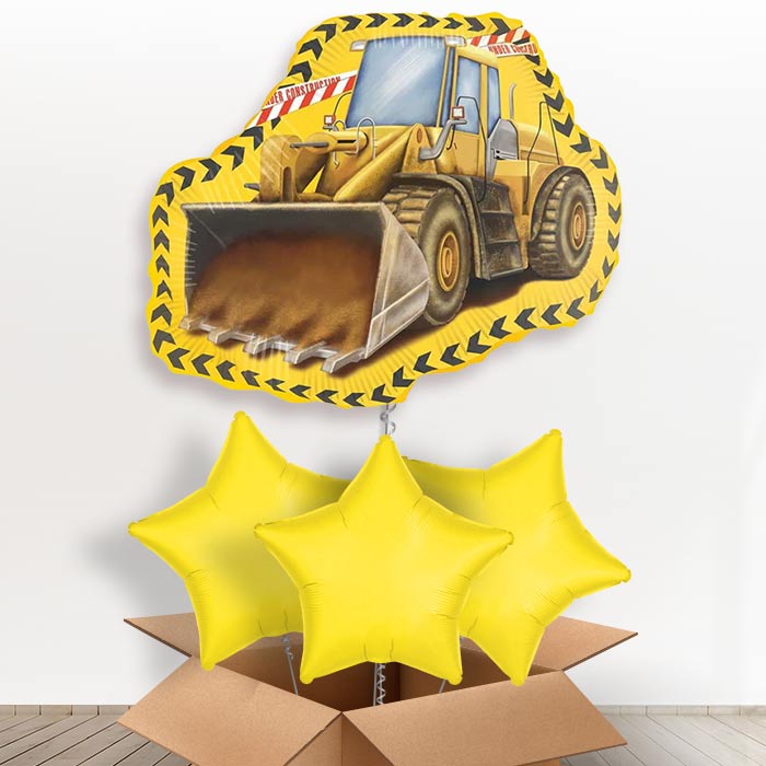 Yellow Construction Digger Shaped Helium Balloon in a Box - with 3 Plain Balloons | Party Save Smile