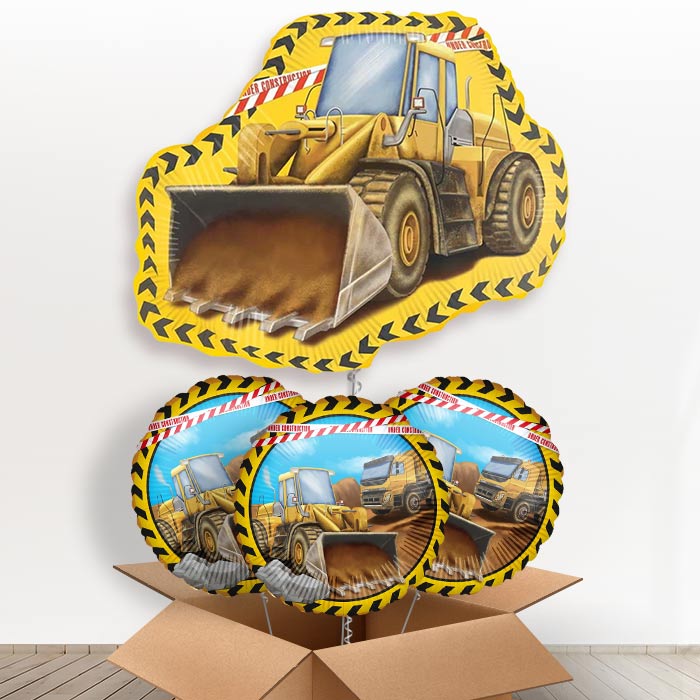 Yellow Construction Digger Shaped Helium Balloon in a Box - with 3 Themed Balloons | Party Save Smile