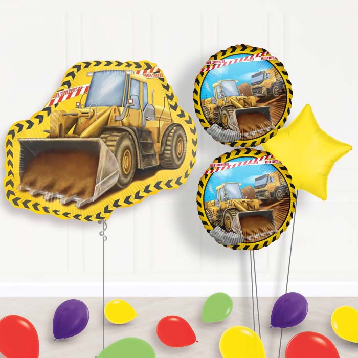 Yellow Construction Digger Balloon Bouquet Delivery-Giant Balloon + 2 Themed Balloons + 1 Plain Balloon + Mini Balloons 