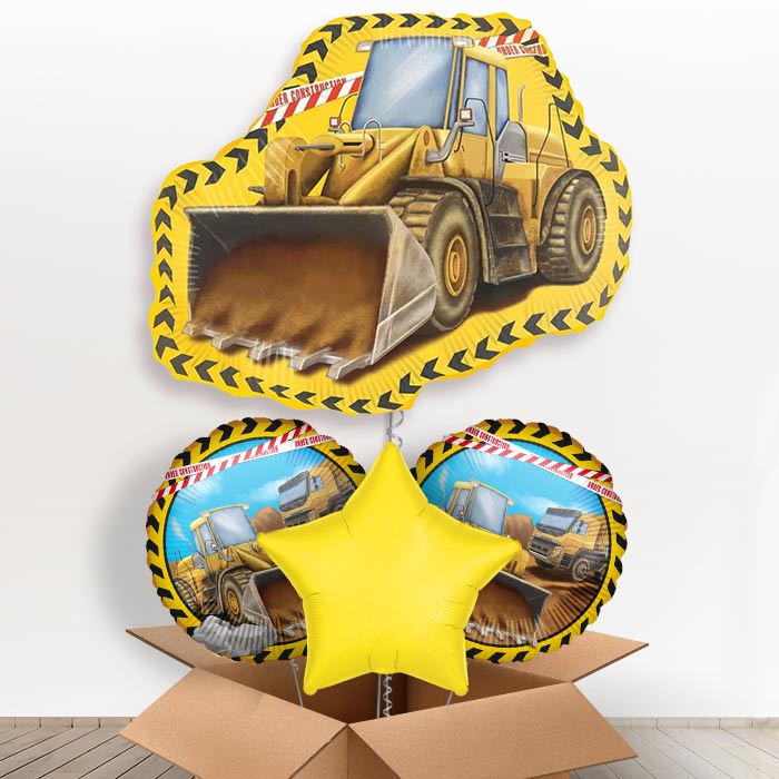 Yellow Construction Digger Shaped Helium Balloon in a Box-1 x Giant Balloon and 2 Themed Balloons and 1 Plain Balloon 