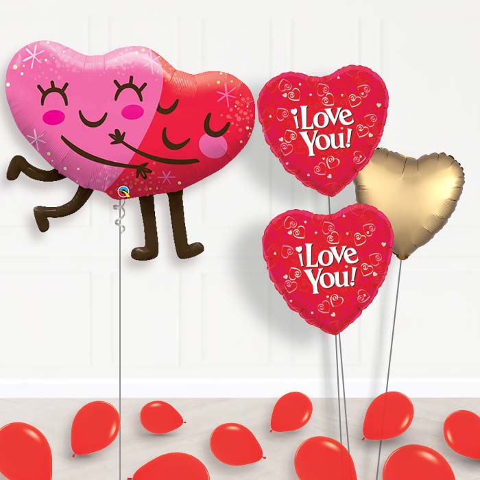 Hugging Heart Balloon Bouquet in a Box-Giant Balloon + 2 Themed Balloons + 1 Plain Balloon + Mini Balloons 