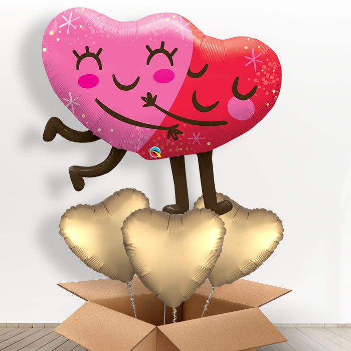 Valentines Helium Balloon in a Box Hugging Hearts - With 3 Plain Balloons | Party Save Smile