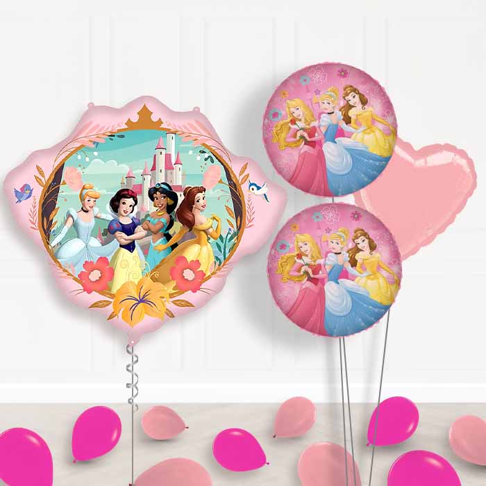 Disney Princess Crown Balloon Bouquet Delivery | Giant Balloon + 2 Themed Balloons + 1 Plain Balloon + Mini Balloons