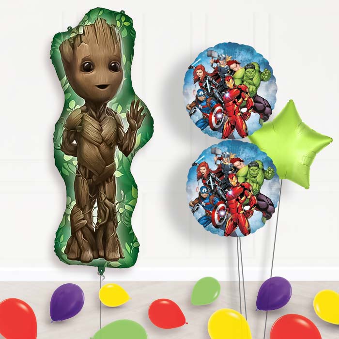 Avengers Groot Balloon Bouquet Delivery | Giant Balloon + 2 Themed Balloons + 1 Plain Balloon + Mini Balloons