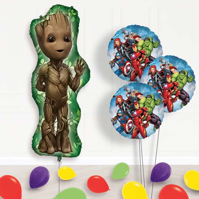 Avengers Groot Balloon Bouquet Delivery | Giant Balloon + 3 Themed Balloons + Mini Balloons | Party Save Smile