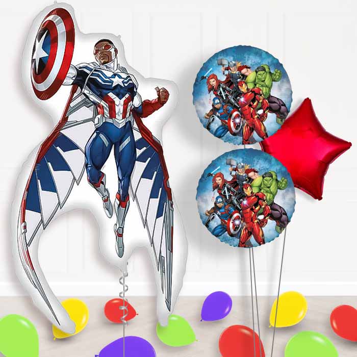 Captain America Sam Wilson Balloon Bouquet Delivery | Giant Balloon + 2 Themed Balloons + 1 Plain Balloon + Mini Balloons