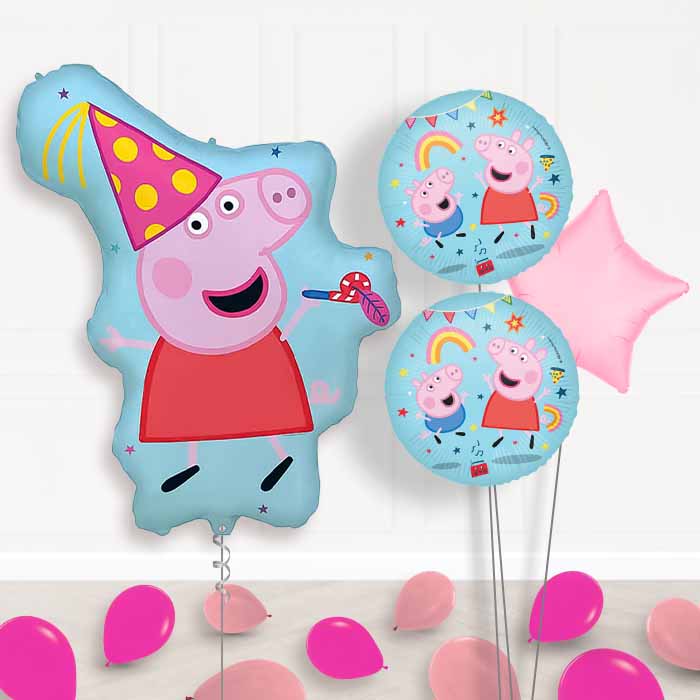 Peppa Pig Party Balloon Bouquet Delivery | Giant Balloon + 2 Themed Balloons + 1 Plain Balloon + Mini Balloons