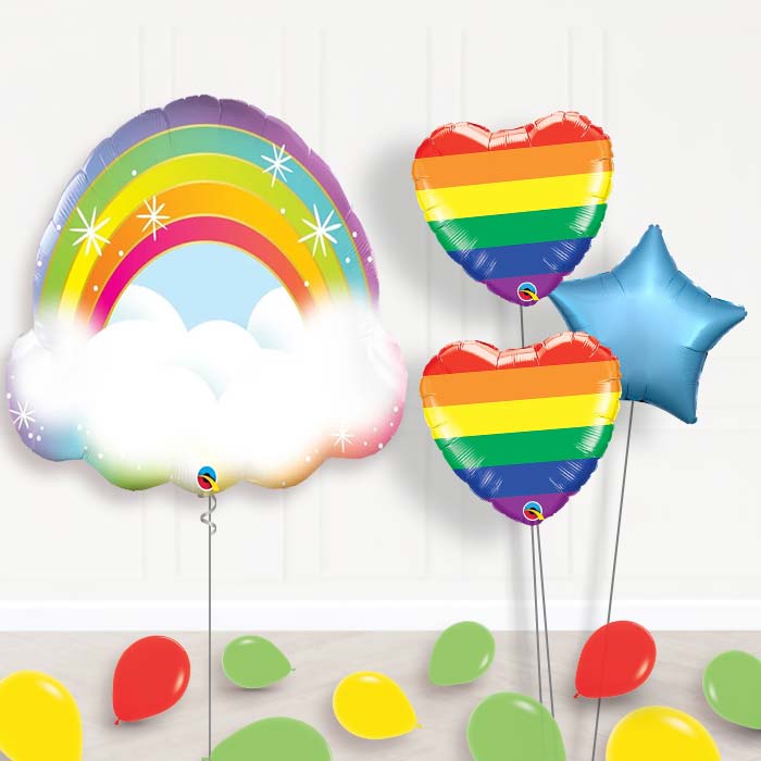 Rainbow Cloud Inflated Helium Balloons Delivered-Giant Balloon + 2 Themed Balloons + 1 Plain Balloon + Mini Balloons 