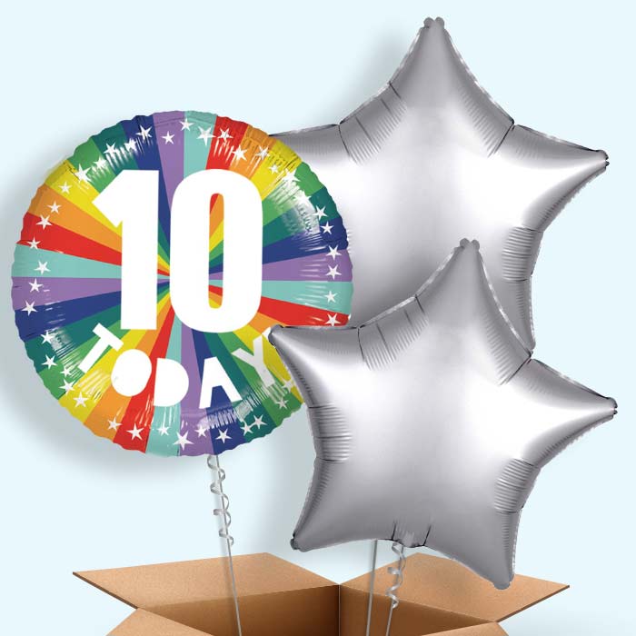 Age 10 10th Birthday Rainbow Helium Balloon in a Box - 3 Balloon | Party Save Smile