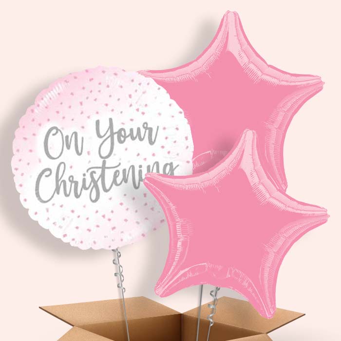 On Your Christening Helium Balloons Pink Confetti in a Box - 3 Balloon | Party Save Smile