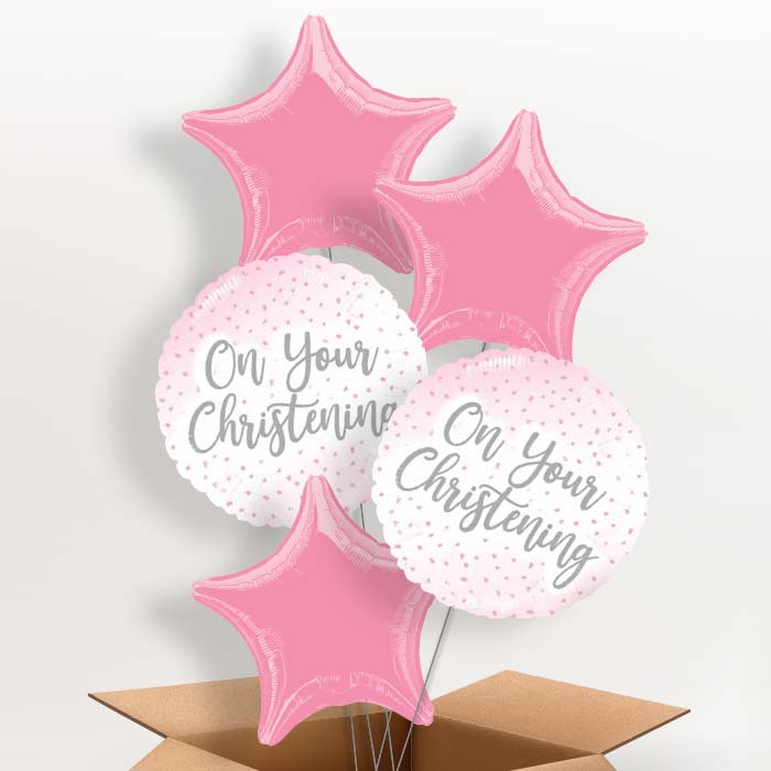 On Your Christening Helium Balloons Pink Confetti in a Box - 5 Balloon | Party Save Smile
