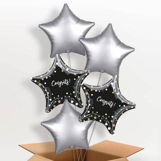 Black Star Dots Congratulations Helium Balloons in a Box - 5 Balloon | Party Save Smile