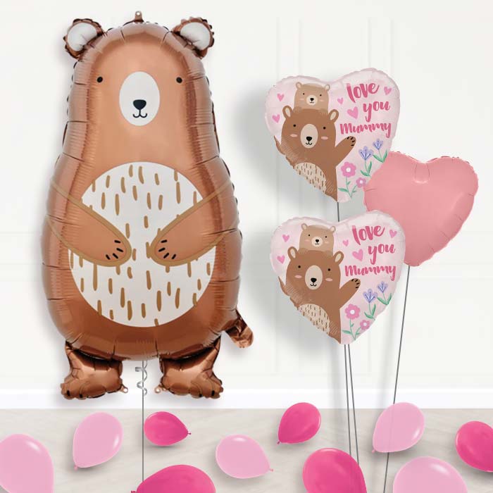 Mummy Bear Balloon Bouquet Delivery-Giant Balloon + 2 Themed Balloons + 1 Plain Balloon + Mini Balloons 