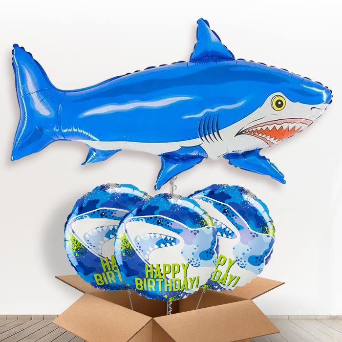 Giant Smiling Shark Helium Balloon in a Box - With 3 Themed Balloons | Party Save Smile