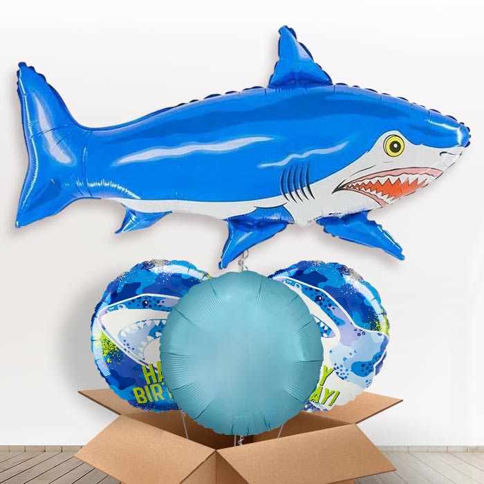 Giant Smiling Shark Helium Balloon in a Box-1 x Giant Balloon and 2 Themed Balloons and 1 Plain Balloon 