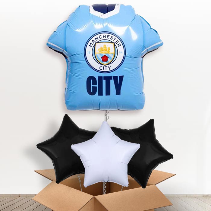 Manchester City Football Shirt Helium Balloon in a Box - with 3 Plain Balloons | Party Save Smile