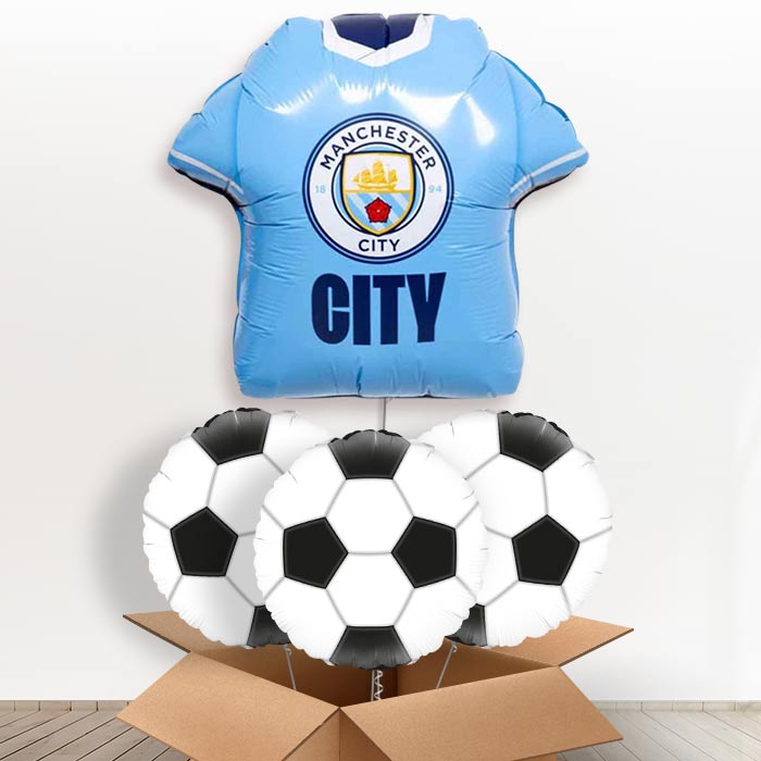 Manchester City Football Shirt Helium Balloon in a Box - with 3 Themed Balloons | Party Save Smile