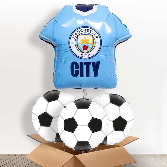 Manchester City Football Shirt Helium Balloon in a Box - with 3 Themed Balloons | Party Save Smile