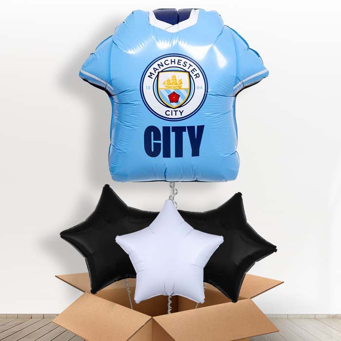 Manchester City Football Shirt Helium Balloon in a Box - with 3 Plain Balloons | Party Save Smile