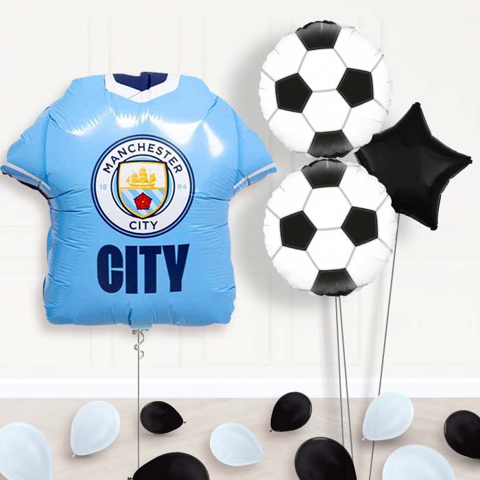 Manchester City Football Shirt Balloon Bouquet Delivery-Giant Balloon + 2 Themed Balloons + 1 Plain Balloon + Mini Balloons 